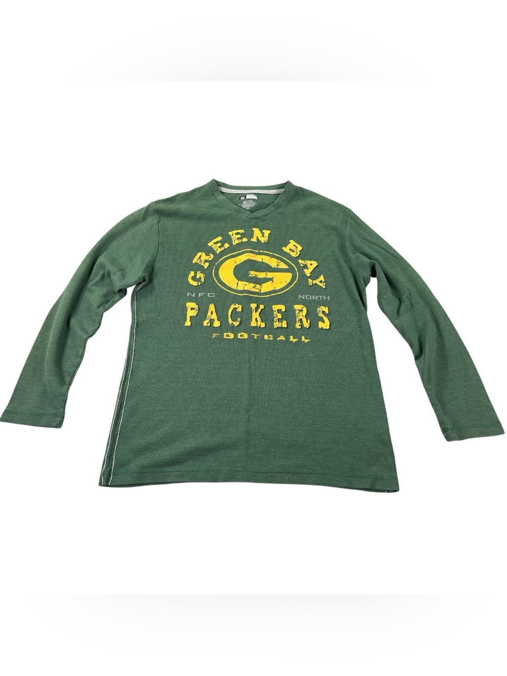 Green Bay Packers Thermal Shirt Men’s L Waffle Knit Distressed Logo NFL V-Neck